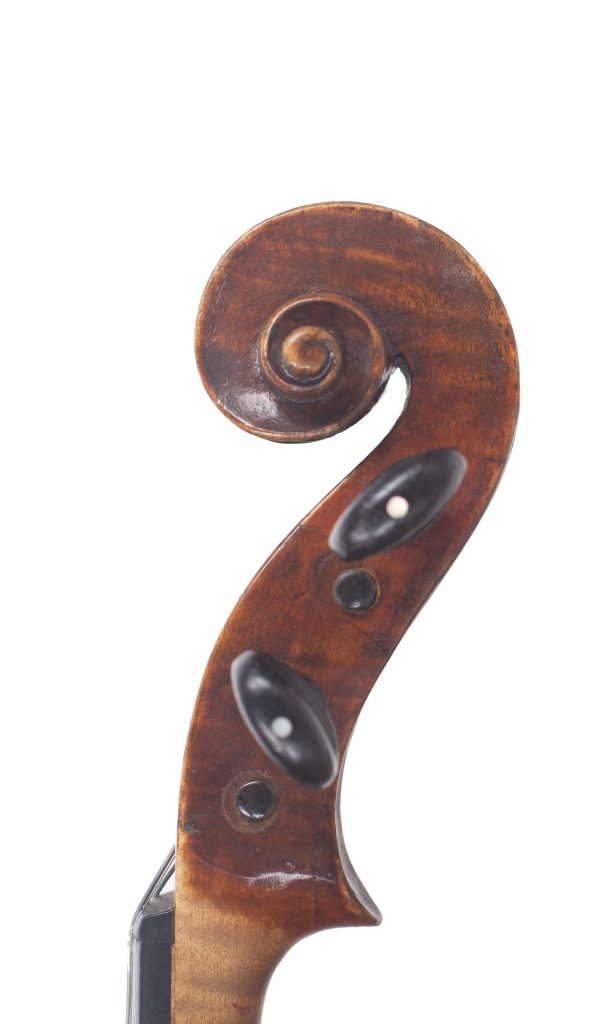 Violin, labelled Repaired by H. Stoneman, Exeter, 1924 — scroll