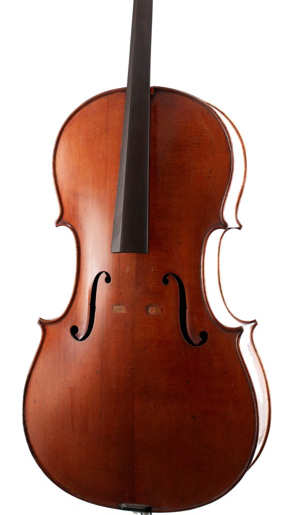 A cello by John William Owens, Leeds, 1905 — angled view, 20°