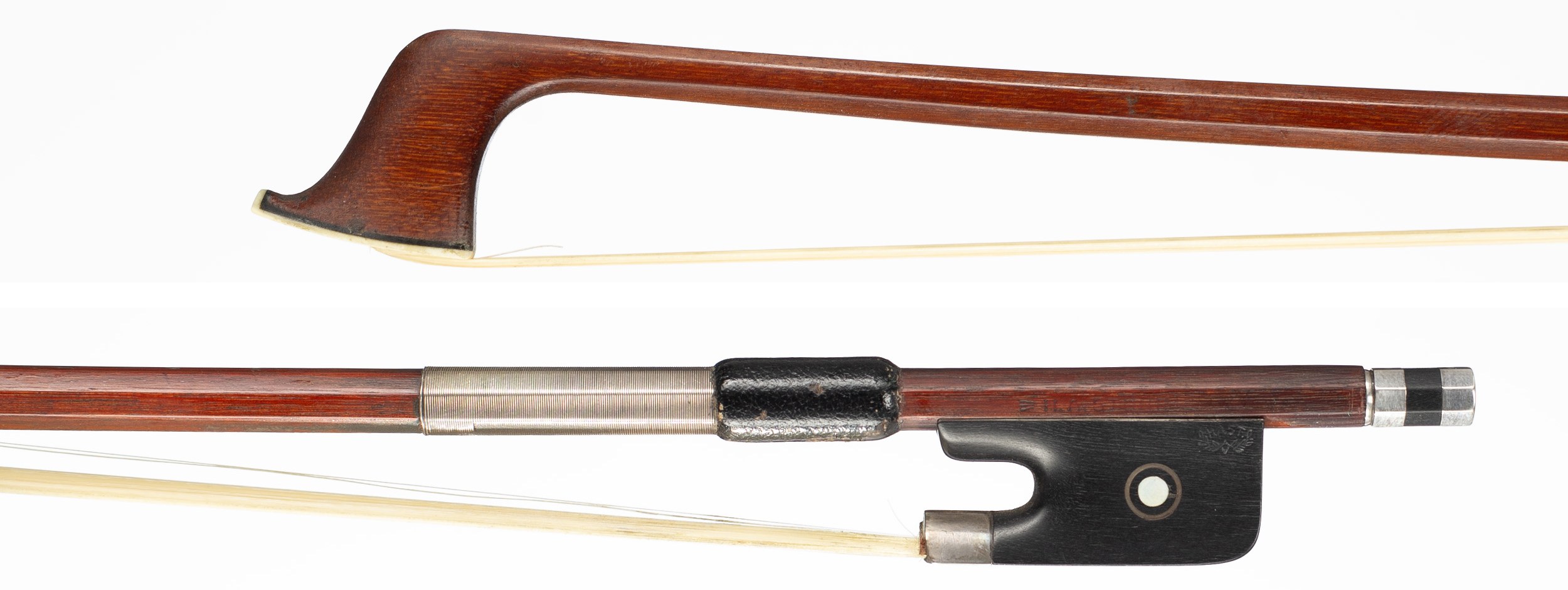 A silver-mounted viola bow by H. A. Stöhr, Germany, circa 1950 — head and frog