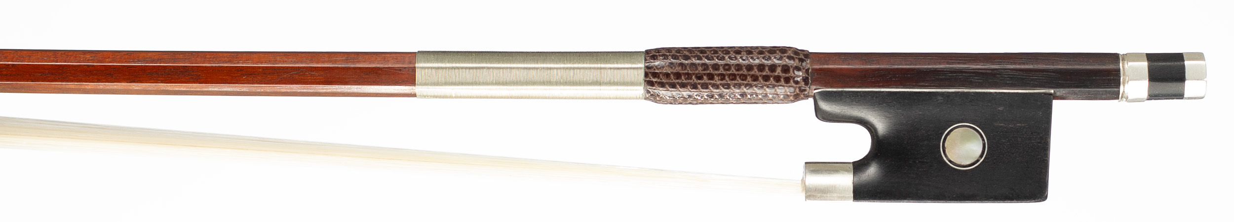 A nickel-mounted violin bow by a member of the Knopf Family, Germany, circa 1900 — frog