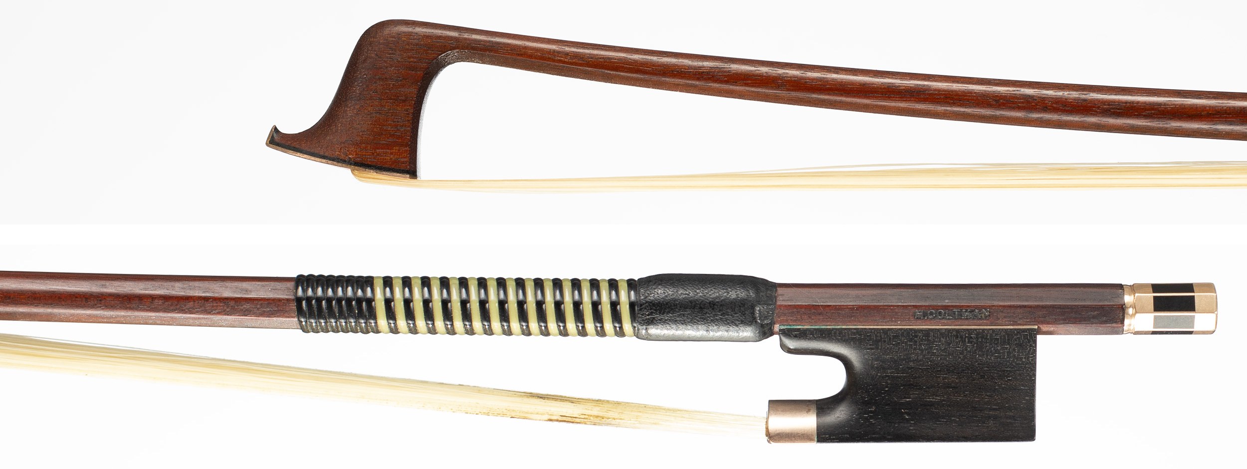 A gold-mounted violin bow by Matthew Coltman, London, circa 1980 — head and frog