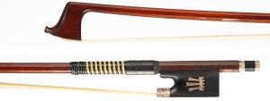 A gold-mounted presentation violin bow by Malcolm Taylor, England, 1981 — head and frog