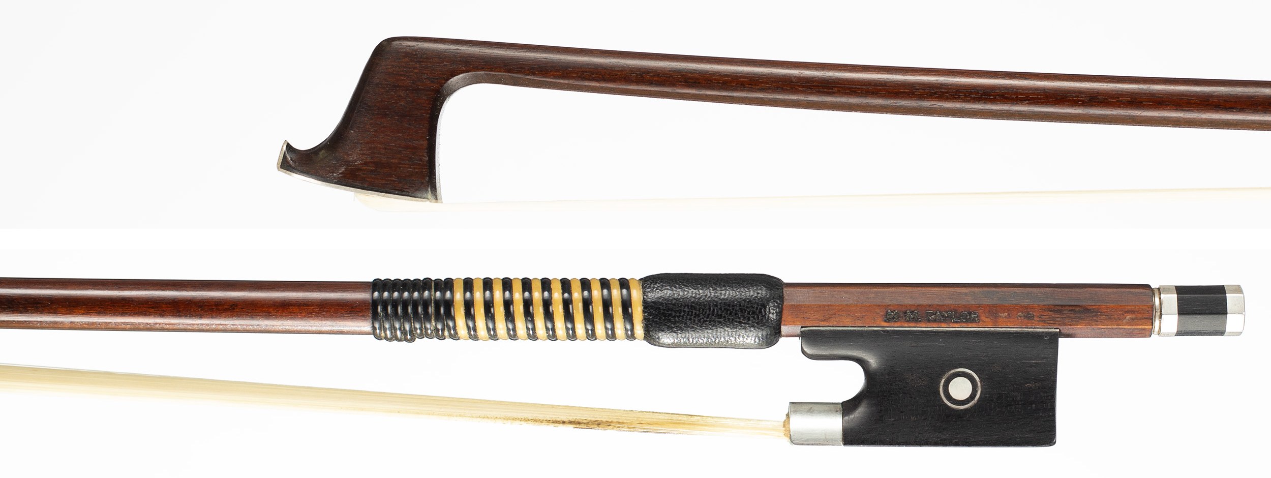 A silver-mounted violin bow by Malcolm Taylor, England, circa 1990 — head and frog