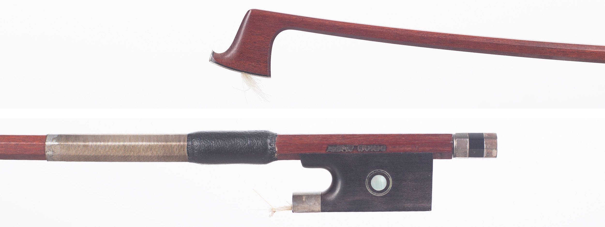 A silver-mounted violin bow by Brian Alvey, London — head and frog