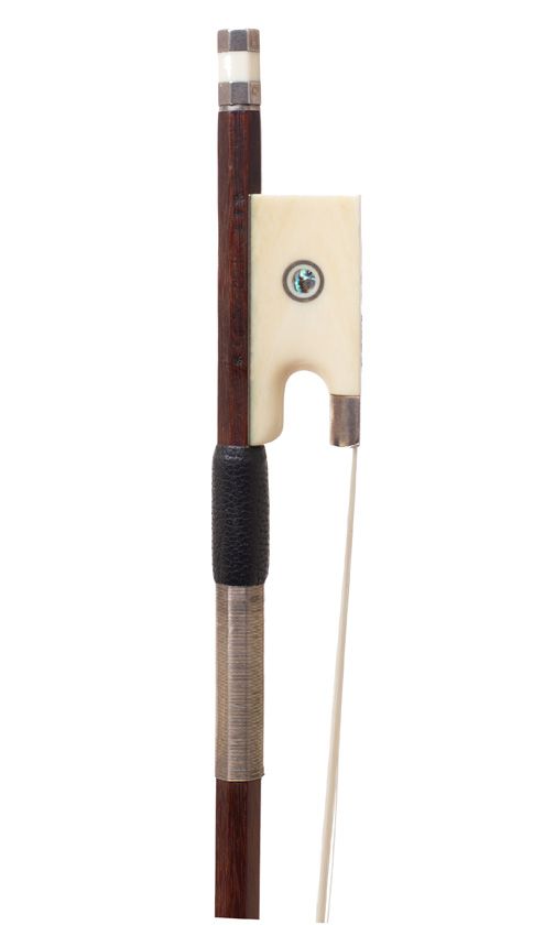 A silver and ivory mounted violin bow by Egidius Dörfler, Germany — frog detail
