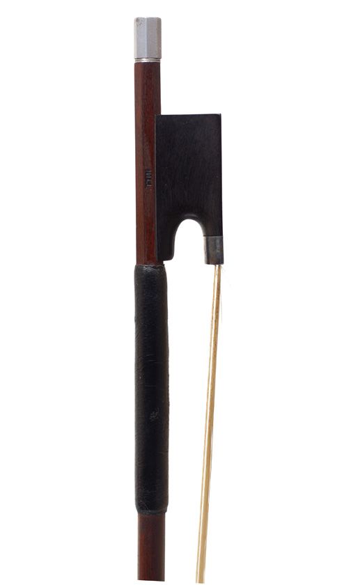 A white-metal-mounted violin bow by W. E. Hill & Sons, London — frog detail