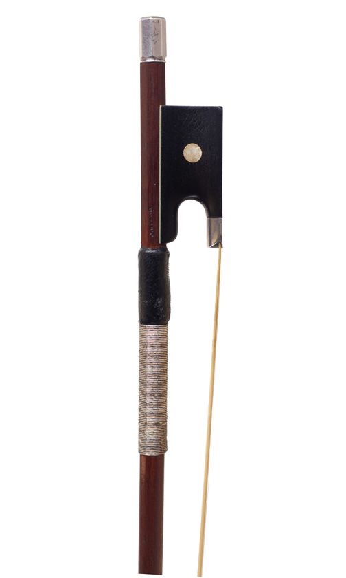 A silver-mounted violin bow by J. Byrom, England — frog detail