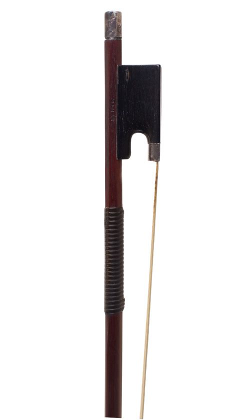 A silver-mounted violin bow by W. E. Hill & Sons, London — frog detail