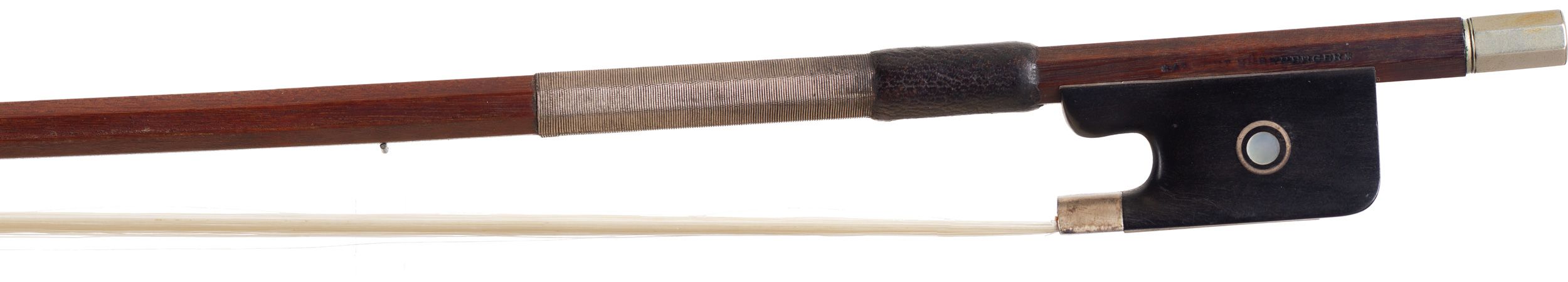 A nickel-mounted cello bow by Albert Nürnberger, Germany — frog