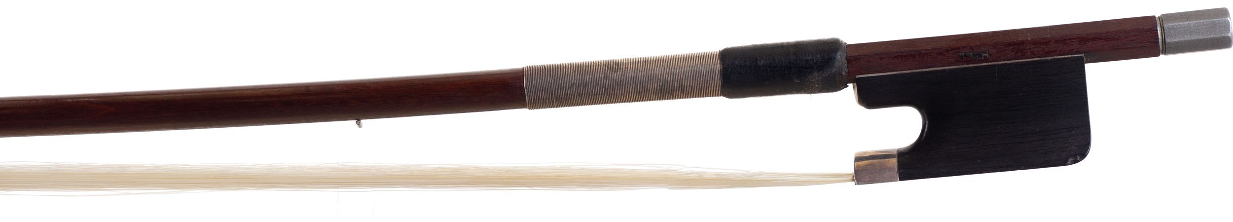 A white-metal-mounted cello bow by W. E. Hill & Sons, London — frog