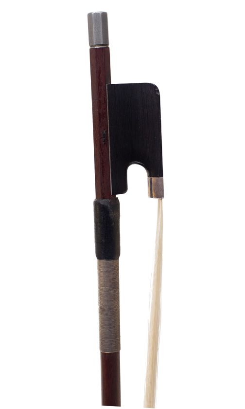 A white-metal-mounted cello bow by W. E. Hill & Sons, London — frog detail