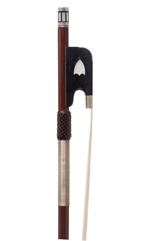 A silver-mounted violin bow by E. W. Zöphel, Germany — frog detail