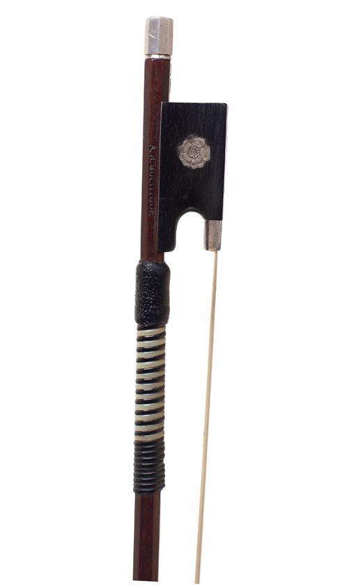 A silver-mounted violin bow by A. R. Bultitude, England — frog detail