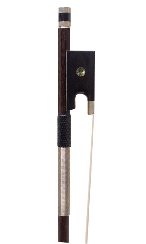 A nickel-mounted violin bow by Nicolas Maline, France — frog detail