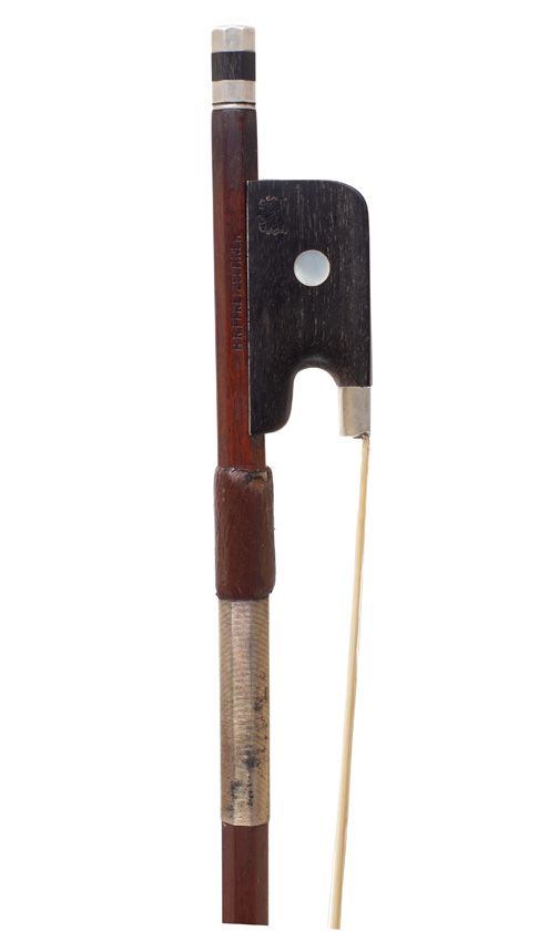 A nickel-mounted cello bow by H. R. Pfretzschner, Germany — frog detail