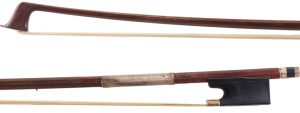 A yellow metal-mounted violin bow by Heinz Dölling, Germany — head and frog