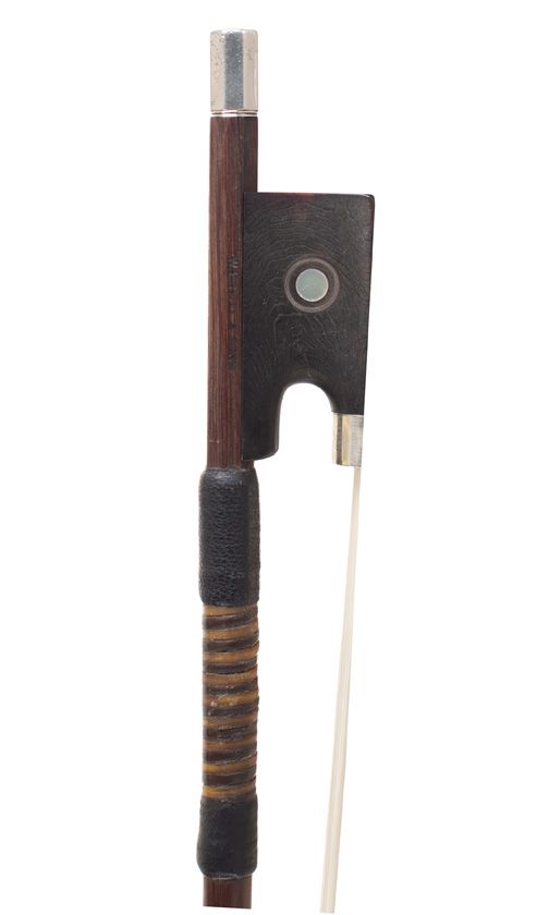 A silver-mounted viola bow by W. E. Hill & Sons, England — frog detail