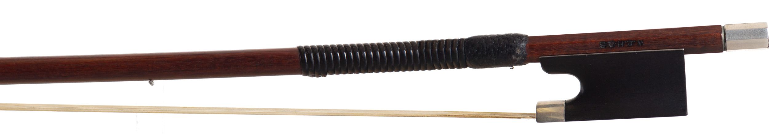 A silver-mounted violin bow by W. E. Hill & Sons, England — frog