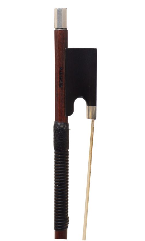A silver-mounted violin bow by W. E. Hill & Sons, England — frog detail