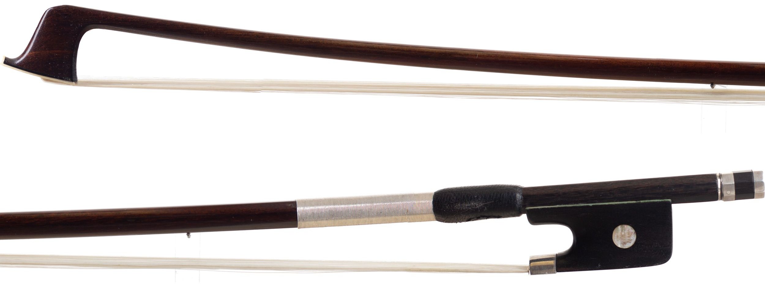 A silver-mounted viola bow by William Tubbs, England — head and frog