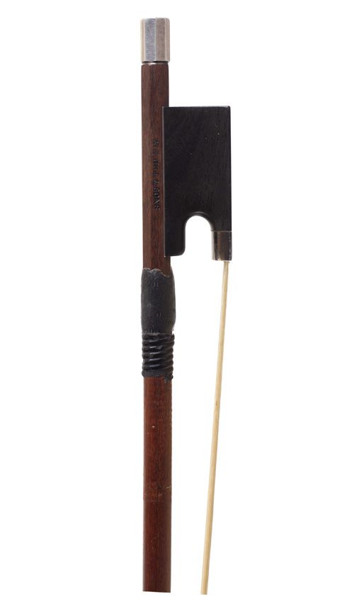 A silver-mounted violin bow by W. E. Hill & Sons, England — frog detail