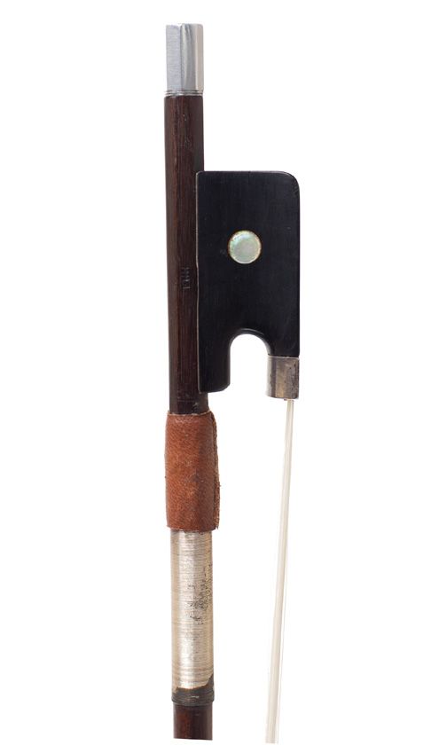 A silver-mounted cello bow by W. E. Hill & Sons, England — frog detail