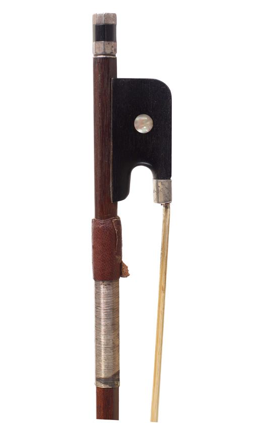 A silver-mounted cello bow by Hart & Sons, England — frog detail