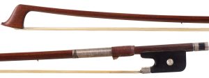 A silver-mounted cello bow by Hart & Sons, England — head and frog