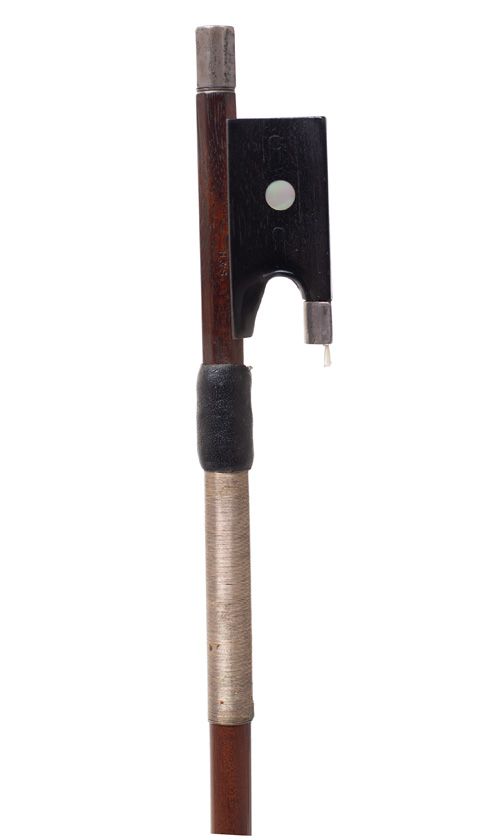 A silver-mounted violin bow by W. E. Hill & Sons, England — frog detail
