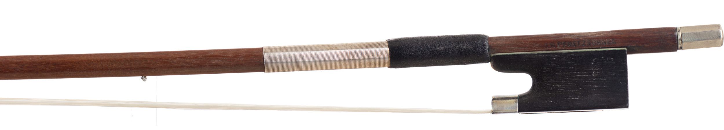 A nickel-mounted violin bow by H. R. Pfretzschner, Germany — frog