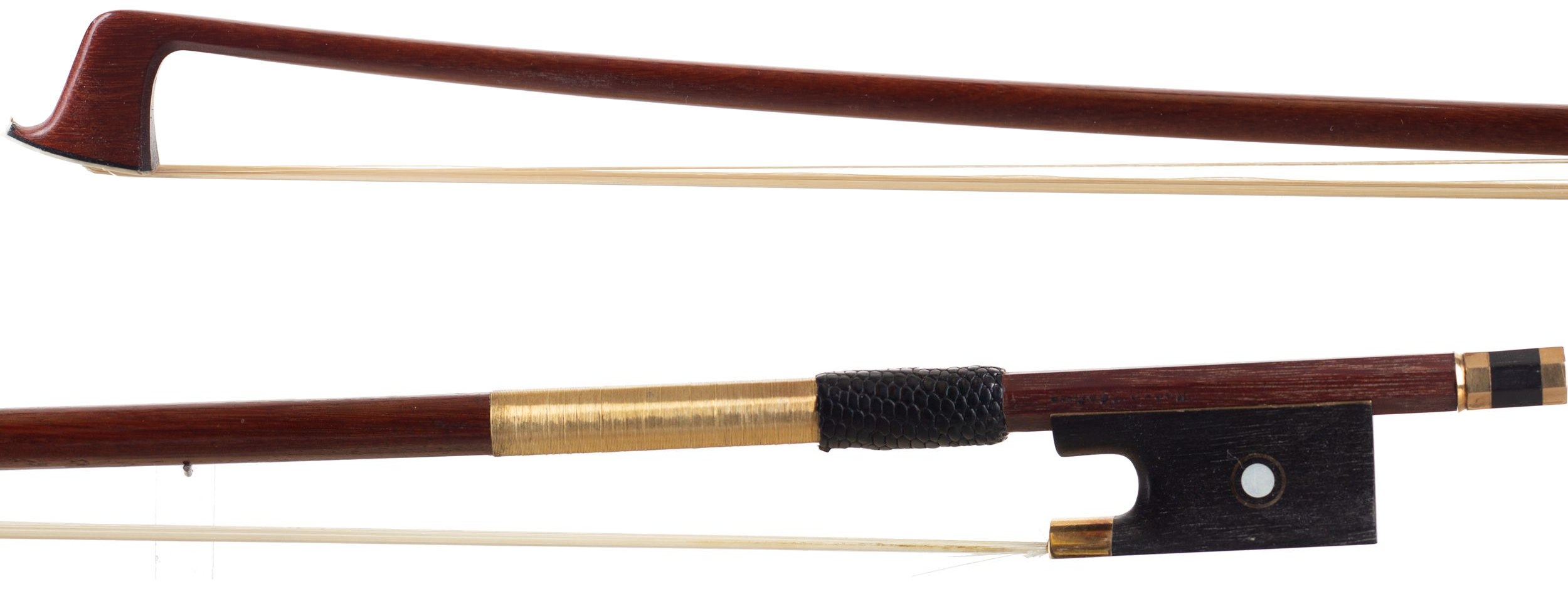 A gold-mounted violin bow by Roger Gérome, France — head and frog