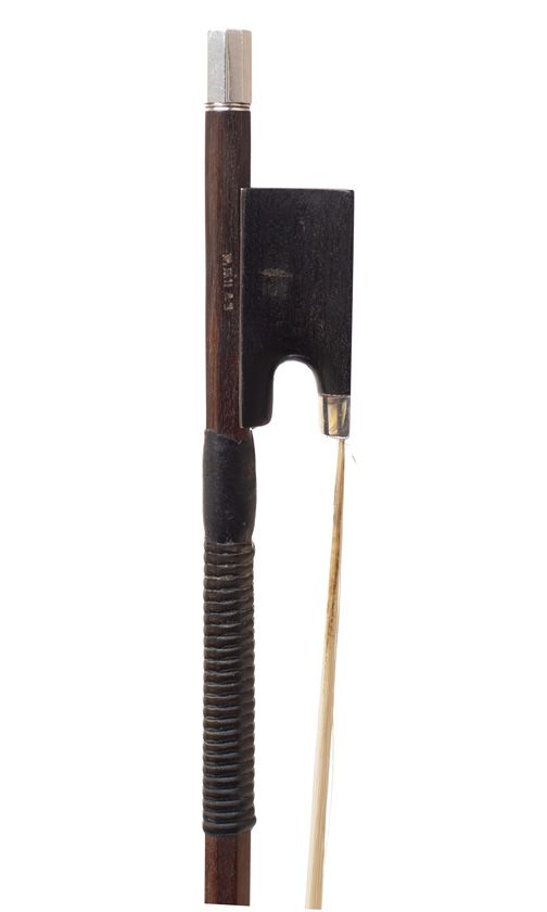 A silver-mounted violin bow by W. E. Hill & Sons, England — frog detail