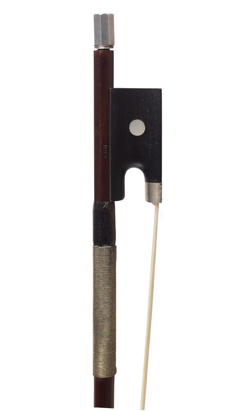 A silver-mounted violin bow by W. E. Hill & Sons, London — frog detail