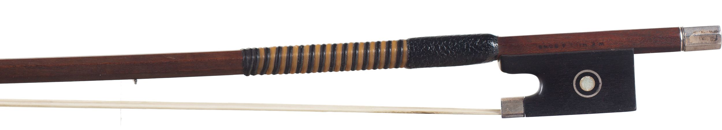 A silver-mounted violin bow by W. E. Hill & Sons, London — frog