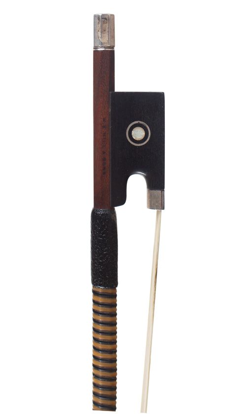 A silver-mounted violin bow by W. E. Hill & Sons, London — frog detail