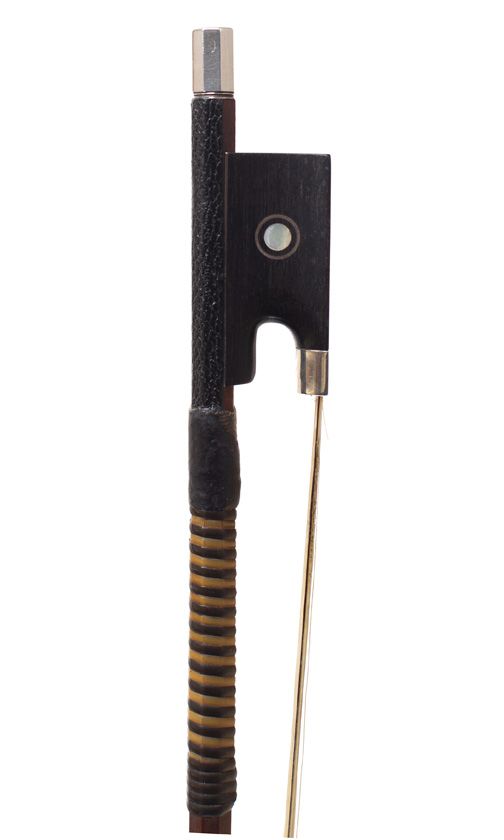 A silver-mounted violin bow by W. E. Hill & Sons, England — frog detail
