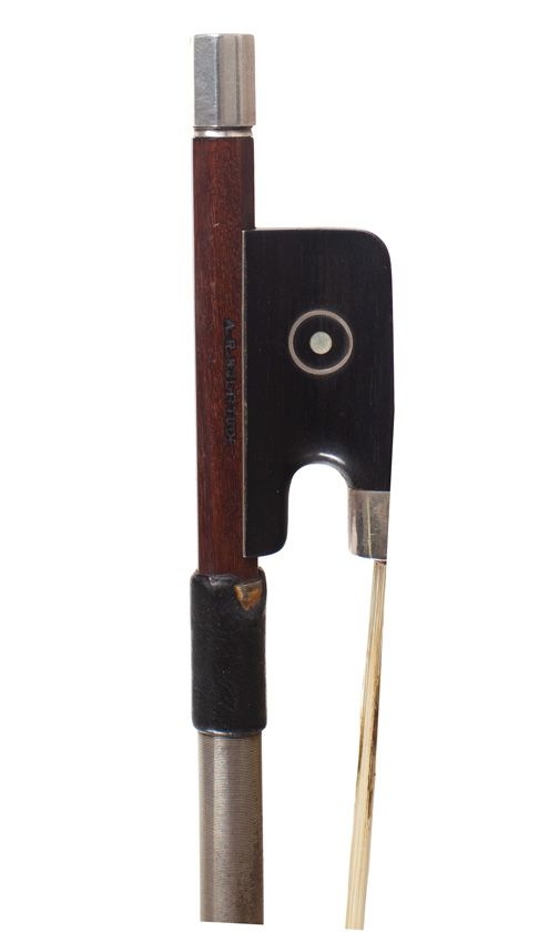 A silver-mounted cello bow by Arthur Richard Bultitude, England — frog detail