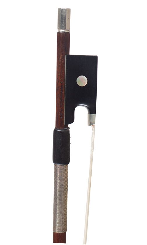 A nickel-mounted violin bow by Claude Auguste Thomassin, France — frog detail