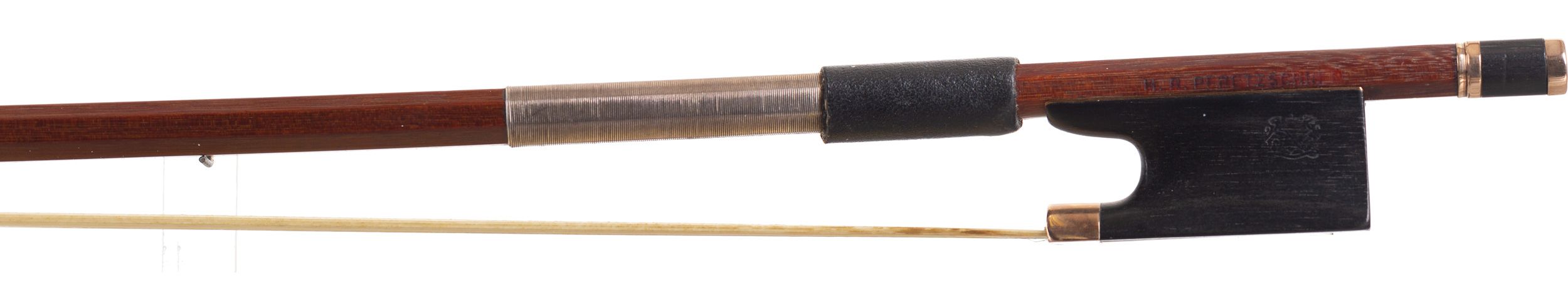 A gold-mounted violin bow by H. R. Pfretzschner, Germany — frog