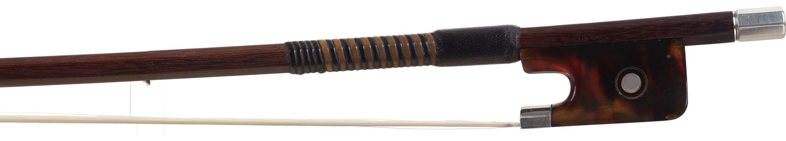 A silver and tortoiseshell-mounted cello bow by W. E. Hill & Sons, England — frog