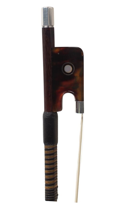 A silver and tortoiseshell-mounted cello bow by W. E. Hill & Sons, England — frog detail
