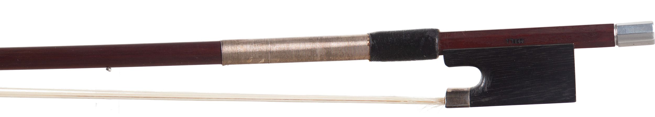 A silver-mounted violin bow by W. E. Hill & Sons, England — frog