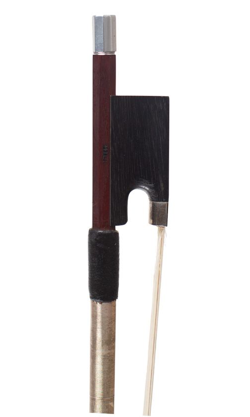 A silver-mounted violin bow by W. E. Hill & Sons, England — frog detail