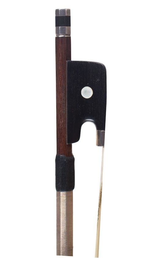 A silver-mounted cello bow by Albin Hums, Germany — frog detail
