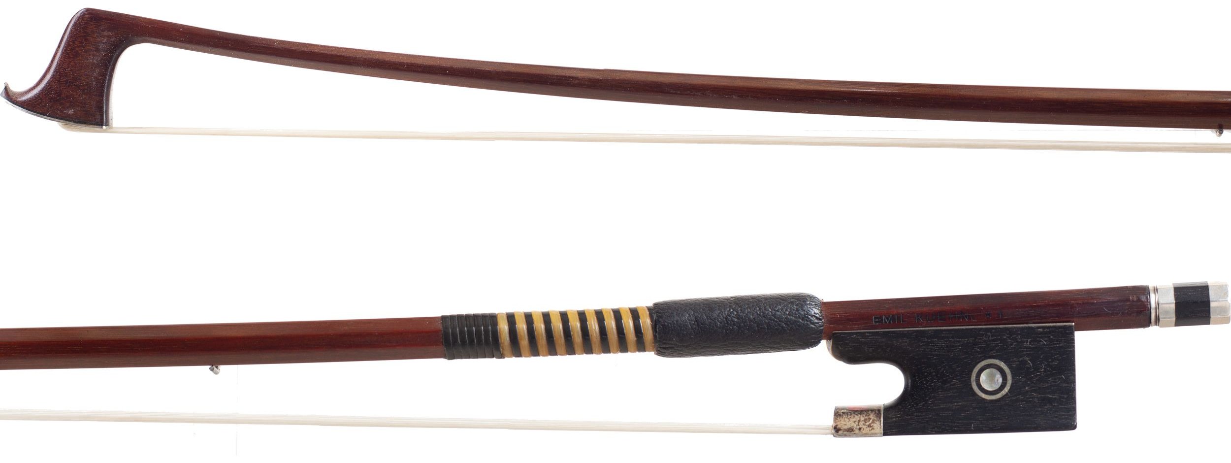 A silver-mounted violin bow by Emil Kuehnl, Germany — head and frog