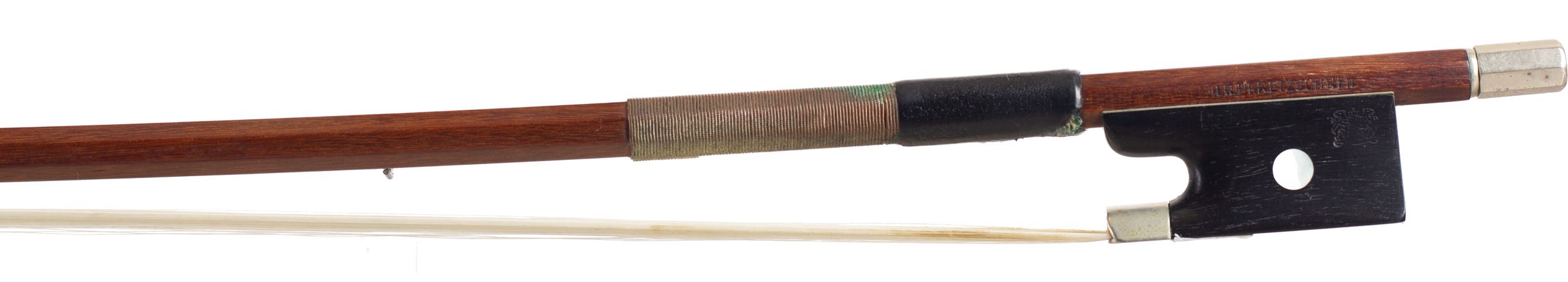 A nickel-mounted violin bow by H. R. Pfretzschner, Germany — frog