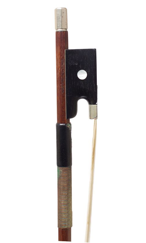 A nickel-mounted violin bow by H. R. Pfretzschner, Germany — frog detail