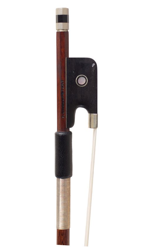 A nickel-mounted viola bow by Chalupetzky — frog detail