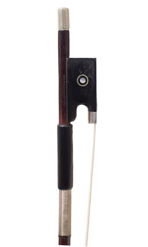 A silver-mounted violin bow by August Edwin Prager, Germany — frog detail