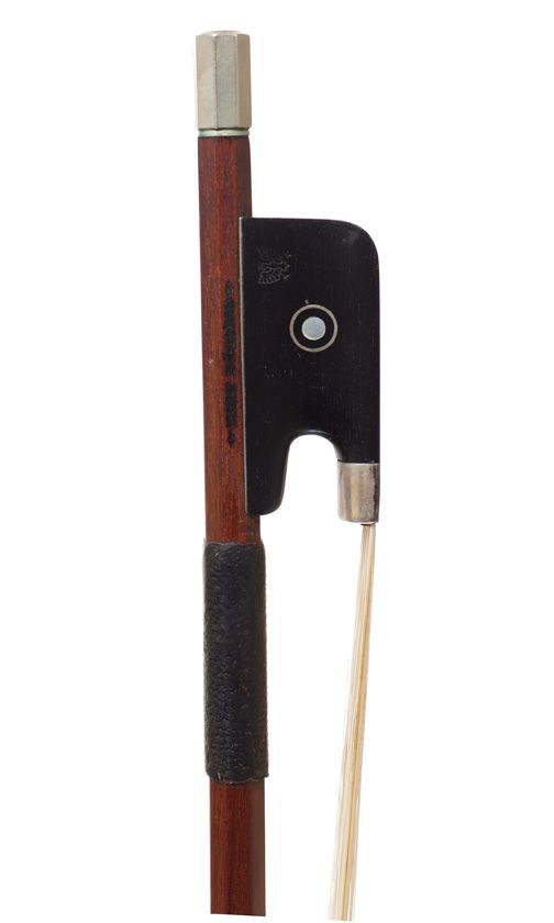 A silver-mounted cello bow by Kurt Dölling, Germany — frog detail
